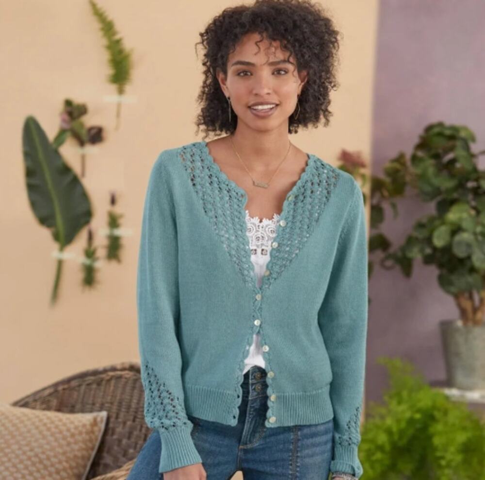 Sundance Dover Crochet Cardigan Sweater Petite XS Teal Boho Cottagecore